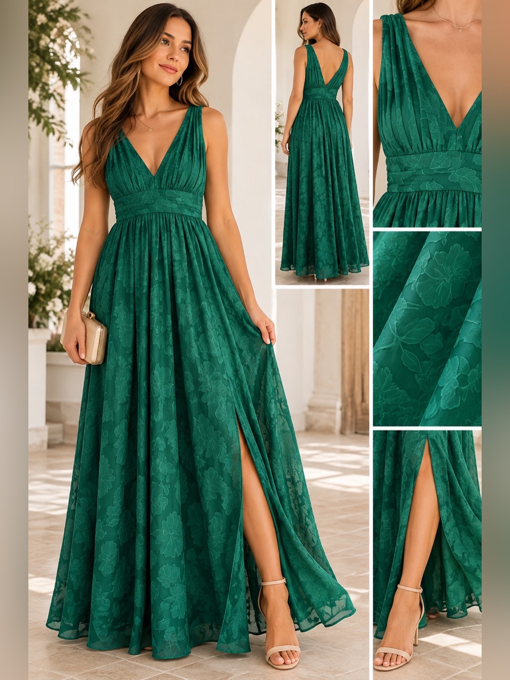 Lulu's Emerald Green Floral V-Neck Maxi Dress